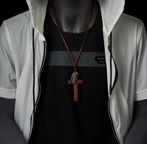 COOLSTEELANDBEYOND Leather Cord Necklace with Wooden Cross and Ring Charms, Mens Womens, Adjustable Brown Leather Cord