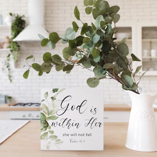 Christian Decor, God is within Her Bible Verse Wooden Sign, Sage Green Eucalyptus Leaf Decor, Rustic Farmhouse Psalm 46:5 Sign, 5x5 - color: God is within Her