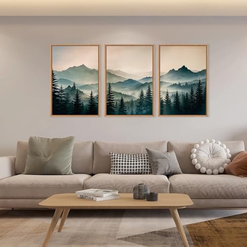 HPNIUB Large Green Mountain Framed Canvas Wall Art,Boho Foggy Forest Wall Decor,Modern Watercolor Pine Tree Wall Painting,Nature Mountains Landscape Art Print for Living Room,Bedroom,Office- 24"x36"x3 - color: Green Mountain Wall Art, size: 24"L x 36"W