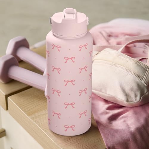 Pink Bow Water Bottle Stainless Steel Insulated Vacuum 32oz with Lid, Gifts for Women Girls Teens Birthday Christmas - color: Coquette Pink Bow