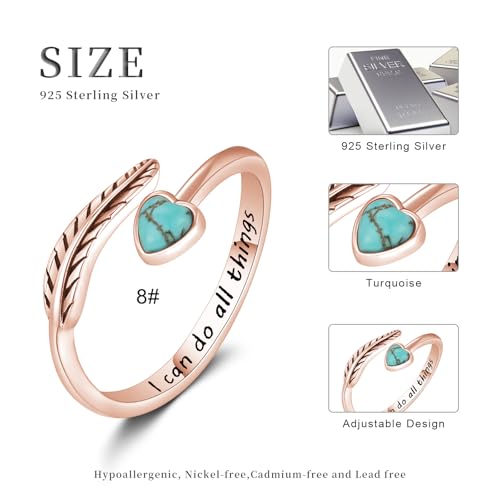 Turquoise/Moss Agate/Moonstone/Black Onyx/Lapis Lazuli/Labradorite/Tiger Eye Feather Ring 925 Sterling Silver Adjustable Ring Western Vintage Jewelry Gifts for Women - color: Rose gold-A23