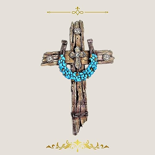 Rustic Drifted Wood Look Wall Cross - Turquoise Decor Horseshoe Wall Art