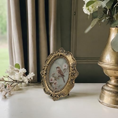 Vintage Bird Floral Small Bronze Oval Picture Frame, Sparrow Spring Mini Ornate Photo Frame Baroque for Wall Art Decor TableTop Desk, Rustic Framed Artwork Gifts for Office Bedroom 4x5in - color: bird flower
