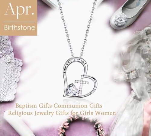 Birthstone Cross Necklace for Girls, Child of God Cross Gifts Jewelry - color: 04. April, style: 01. Silver