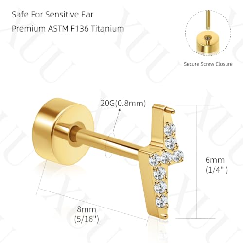 XUU 20G Flat Back Stud Earrings ASTM F136 Titanium - color: gold lightning bolt
