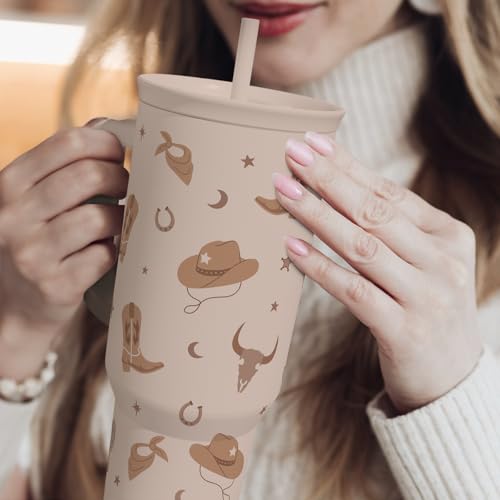 SANDJEST Cowgirl Tumbler 40oz for Women Girls – Stainless Steel Travel Coffee Mug Cup with Handle and Straw, Gift for Birthday Christmas - color: Cowgirl