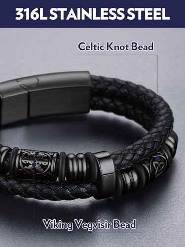 Bandmax Men's Black Double Wax Rope Bracelet Waterproof Stainless Steel Norse Style Celtic Knot Beads Wristband 7-9 Inch Gift for Men Father Husband Son Grandson - color: 02 Black Tone, size: 8.26 Inches (21cm)