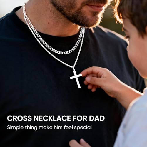 VNOX Cross Necklace Gift for Men - Mens Cross Necklace 925 Silver Plated Chain Neklace Cuban/Rope Stainless Steel Chains Necklaces Christmas Jewelry Gifts for Son Dad Husband - color: To Dad, size: 16” Cuban+18“ Rope
