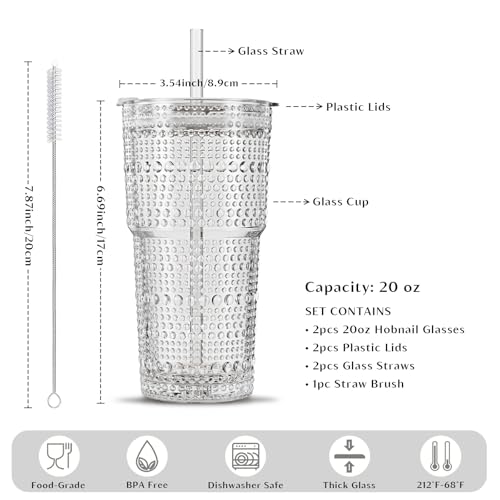 INSETLAN Iced Coffee Cups with Lids and Straws, 20 oz Hobnail Glass Tumbler - size: 2 Pcs
