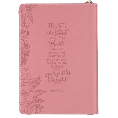 Christian Art Gifts Pink Vegan Leather Zipped Journal, Inspirational Notebook Trust in the Lord Scripture, Flexible Cover, 336 Ruled Pages, Bookmark, Proverbs 3:5 Bible Verse