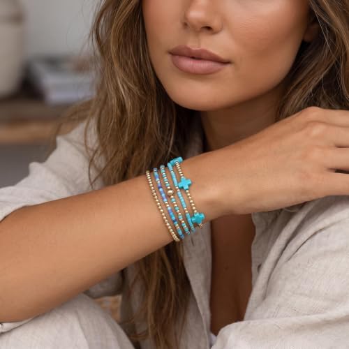 Gold Beaded Bracelets Stack for Women Stackable 14K Gold Plated Beads Ball Cross Bracelet Boho Christian Jewelry Faith Friendship Birthday Gifts for Women - color: Blue