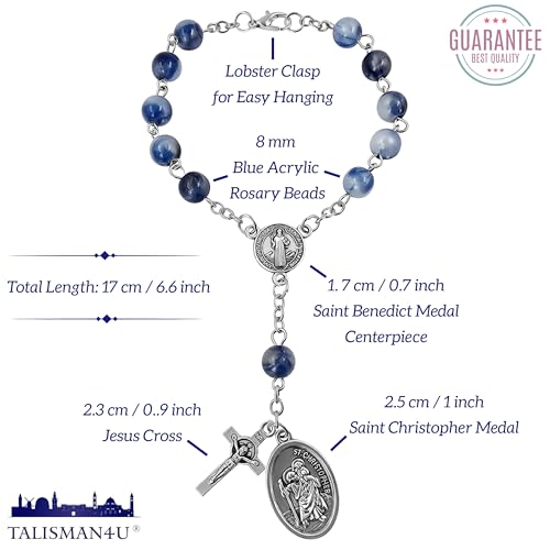 TALISMAN4U St Benedict Rosary for Car Rearview Mirror St Christopher Medal - color: Blue Acrylic Beads