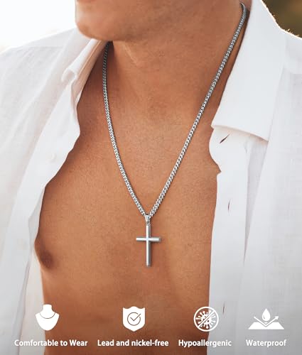 925 Sterling Silver Cross Necklace for Men, 18k Gold Plated Sterling Silver Cross Necklace with 4mm Stainless Steel Cuban Link Chain for Men, Mens Chain Necklaces 16-26 Inch - color: Silver Cross Pendant, size: 22 Inch