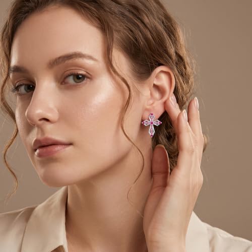 Sterling Silver Dainty Cross Earrings For Women, Christian Religious Faith Cubic Zirconia Stud Earrings - color: ruby