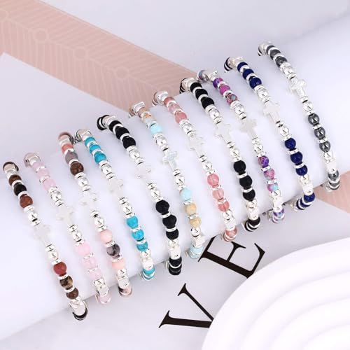 Beaded Bracelets for Women, Inspirational Natural Gemstone Bracelets Graduation Mothers Day Christmas Birthday Gifts for Mom, Daughter, Granddaughter, Wife, Sister, Best Friend - color: Lapis Lazuli, style: Cross
