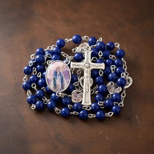 Nazareth Store Natural Stone Beads with Miraculous Epoxy Heart Metal Beads Rosary Necklace Gemstone Christian Gifts - color: Lazuli