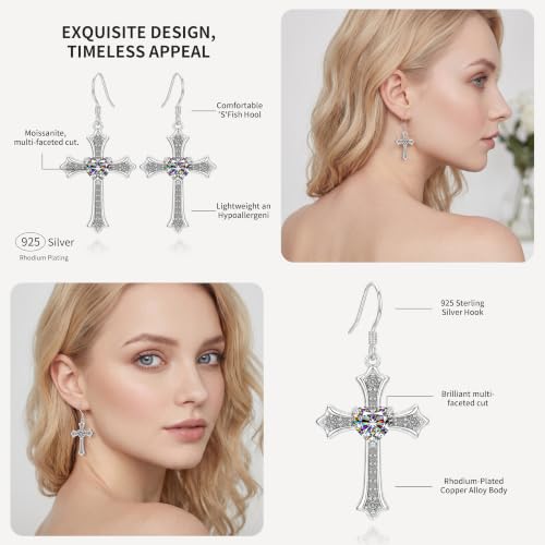 Moissanite S925 Sterling Silver Dainty Cross Drop Dangle Earrings For Women - color: silver