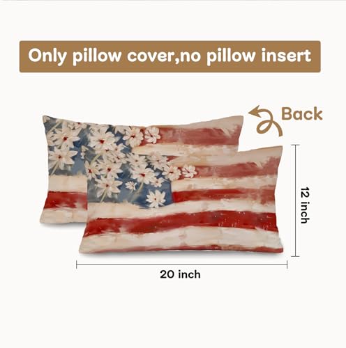 American Flag Floral Patriotic Pillow Covers 12x20 Inch - color: White-flower