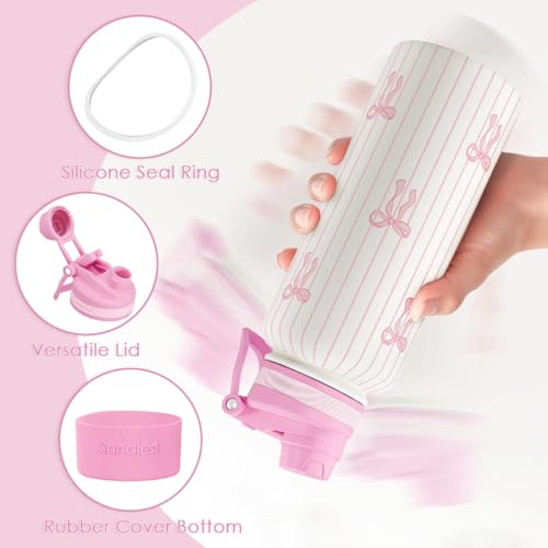 SANDJEST Bow Stainless Steel Water Bottle with Strap 32oz, Insulated Bottles with Straw and Spout Lid for Gym Sports Travel Outdoor, Gifts for Women Girls Birthday Christmas - color: Bow