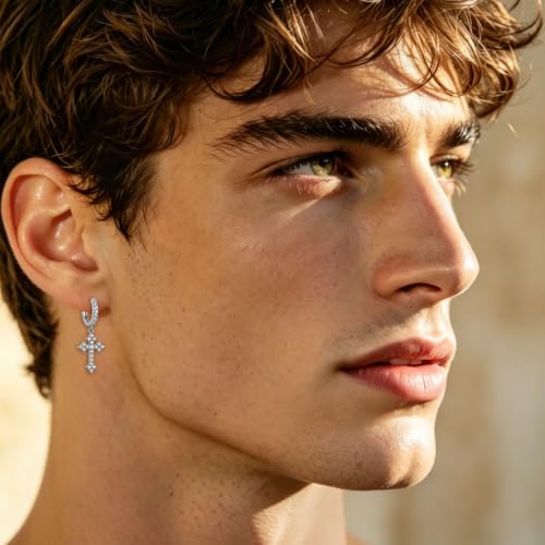 NEWITIN CZ Cross Earrings for Men Women 14K Gold Plated Huggie Hoop Earring - color: Silver A