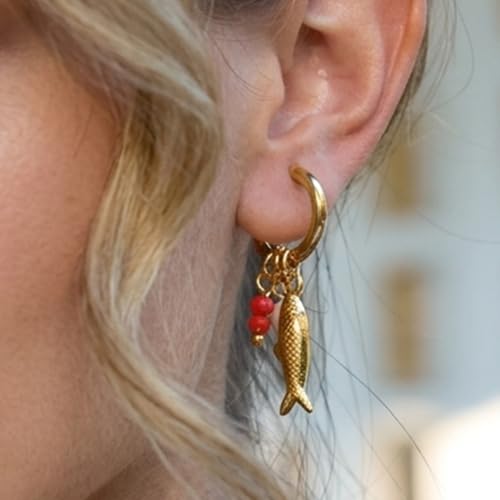 Fish Earrings for Women - Beach Boho Earrings Jewelry for Women Hoop Earrings with Fish Charms Bohemian Summer Vacation Ocean Waterproof Jewelry