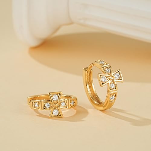 LOYATA Gold Cross Earrings for Women-14K Gold Plated Small Hoop Huggie Earrings Dainty Trendy CZ Cross Hoop Earring Cute Hypoallergenic Hoops Jewelry Gifts for Women Mothers Day Gifts for Mom - color: CZ Style3