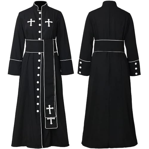Mens Priest Costume Pastor Robe Roman Cassock Praise Worship Robes White/Black Clergy Robe Stole with Cross - color: Black-with Cross, size: Large