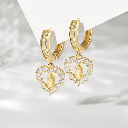 KissYan 14K Gold Plated Huggie Earrings for Women, S925 Sterling Silver Small CZ Cross Hoop Dangle Drop Earrings, Hypoallergenic Dainty Handmade Jewelry - style: Virgin Mary