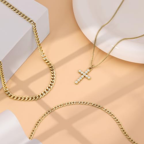 Sterling Silver Cross Necklace for Women Girls Dainty Gold Necklace Stack Non Tarnish Layered Necklaces CZ Cross Pendant Choker Figaro Box Chain Link Layering Stackable Necklaces Trendy Jewelry Gift - color: Gold