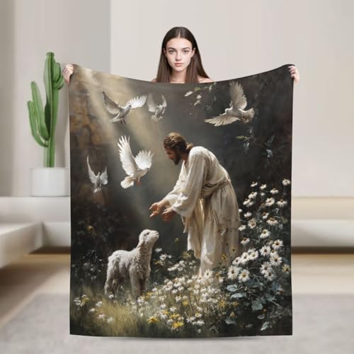 Jesus Lamb Blanket Christian Jesus Soft Cozy Throw Blanket Christ Religious God Super Plush Warm Stuff Lightweight Fleece Flannel Blankets Gifts for Women Girls Kids Adults 50"X40" - color: Green Jesus Lamb, size: 50"x40"