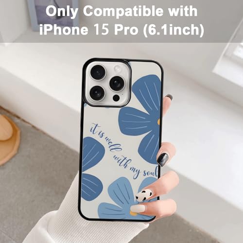 Aesthetic Blue Christian Floral Phone Case Compatible with iPhone 15 Pro 6.1 Inch, Cute Jesus Bible Verse Design, TPU Shockproof Protective Cover for Women Girls, Wireless Charging Compatible - color: iPhone 15 Pro