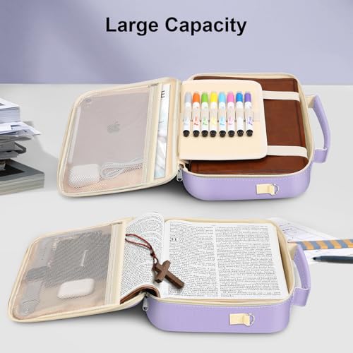 FINPAC Bible Cover with Shoulder Strap, Church Book Carrying Bible Case Bag - color: Letter Purple