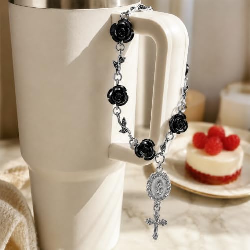 Steering Wheel Charm, Car Rosary for Car with Virgin Mary & Cross, Black - color: Black
