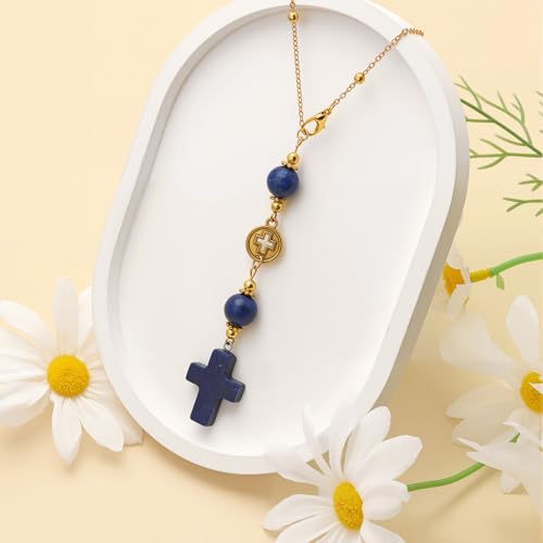 Lapis Lazuli Cross Car Hanging Ornament for Rear View Mirror - color: Lapis Lazuli