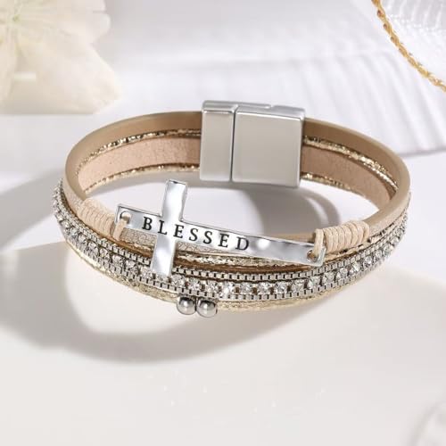 LINGYUAN Cross Bracelet for Women, Leather Religious Christian Jewelry - color: Gold