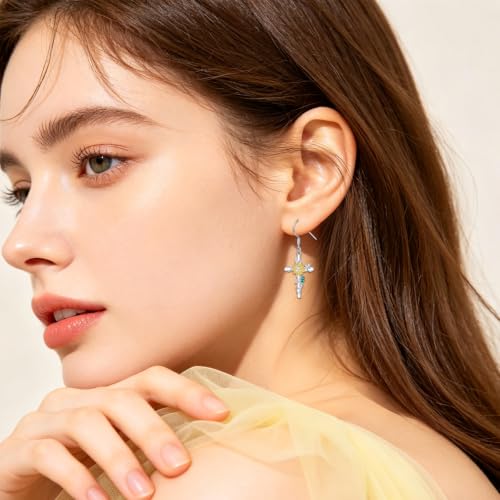 925 Sterling Silver Filigree Dangle Drop Leverback Teardrop Earrings - color: Cross Sunflower