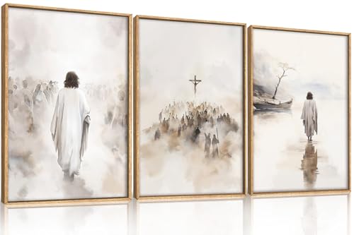 Jesus Christ Walking On Water Scenes Framed Canvas Wall Art Set-16"x24"x3 - color: Religious Christian Wall Art, size: 16"L x 24"W