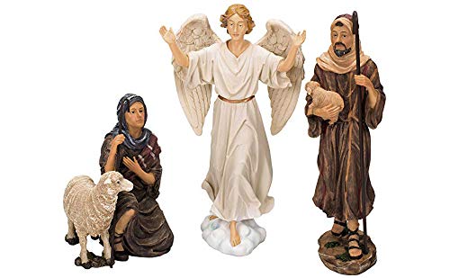 Three Kings Gifts Shepherds and Angel Nativity Add-On Set, 3-Piece Polystone Christmas Figures with Sheep Lamb, Flat Bottom Base Collectibles for 14-Inch Scale Nativity Scene - size: 14inch