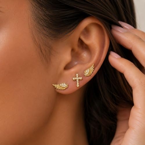Angel Wing Stud Earrings for Women Crystal Cross Screw Back Wings Earrings Piercing Jewelry - color: 3pcs Gold