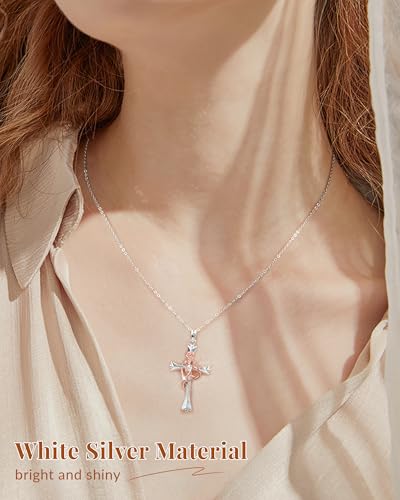 ACECHA Silver Cross Necklace for Women, Crosses Pendant with Birthflower - color: White Silver-Rose