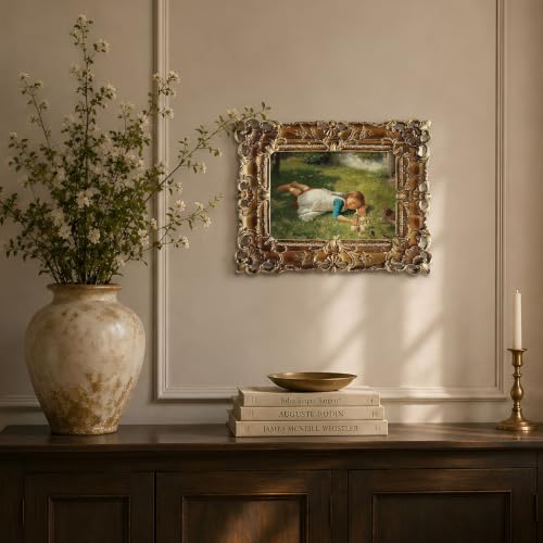 FOLKOR Framed Canvas Wall Art with Vintage Gold 5x7 Frame, Victorian Pastoral Gallery Wall Art Prints for Dining Room Garden Bedroom Decoration (Playing with Chicks) - color: Playing with the Chicks, size: 5x7"