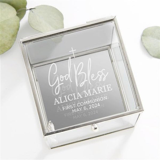Personalization Universe God Bless My First Holy Communion Silver Glass Jewelry Box, Personalized Keepsake Gift for Girls, Custom Engraved Cross Design Trinket Box, Religious Communion Gift