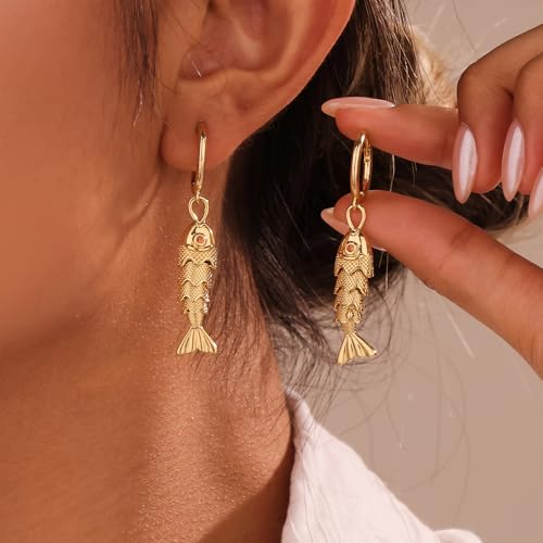 GZQ 14K Gold Fish Dangle Earrings for Women, Lightweight Hypoallergenic Drop Huggie Hoop Earrings for Daily Wear Beach Vacation - color: A