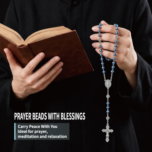 8mm Glass Pearl Rosary - Catholic Necklace for Men and Women Comes in a Metal Gift Box, First Communion Rosary Necklace as Gifts - color: Blue