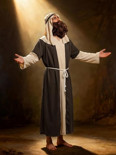 SOMSOC Mens Biblical Saint Joseph Sherherd Costume Jesus Robe Costume Beard Staffs Headwrap Hat Waist Rope Set - size: Large