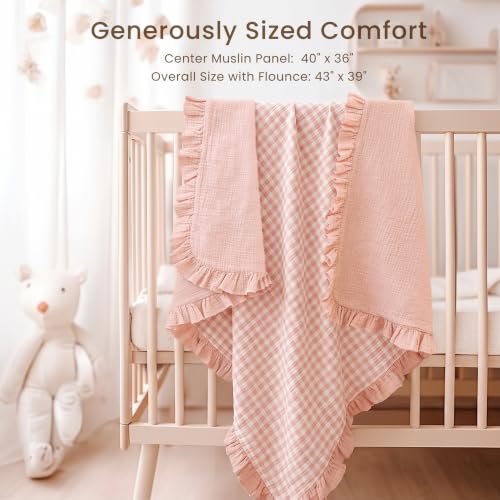 Konssy 100% Cotton Muslin Baby Blanket with Ruffle Trim for Girls, 43"x39" - color: Pink Check