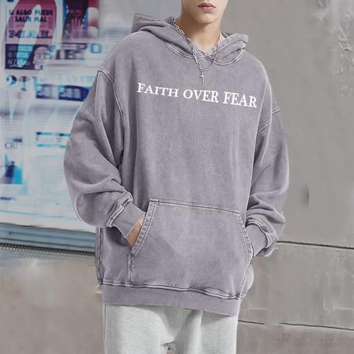 Christian Faith Over Fear Hoodies for Men Jesus Religious Graphic Sweatshirt Bible Verse Acid Wash Pullover Hoodie - color: Gray, size: X-Large