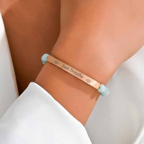 Inspirational Christian Bracelet for Women, 18K Gold Plated Bible Verse Jewelry with Amazonite Beads, Religious Faith Gift for Mom, Daughter, Sister, Friend - color: Just Breathe-Amazonite Rose Gold