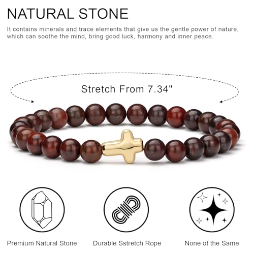 Cross Beaded Bracelets for Women, Natural Stone Healing Crystal Bracelet Religious Cross Bracelet for Women Birthday Christian Gifts on Easter Christmas Gifts - color: Bloodstone