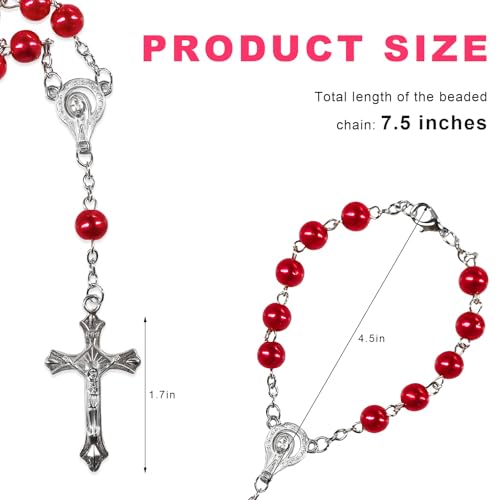 2 PCS Rosary for Rearview Mirror, Religious Cross Bead & Medal Car Rear View Mirror Hanging Ornament, Personalized Rosary Pendant Christian Auto Decoration for Women Men (Red) - color: Red